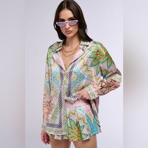 Akira Colorful YACHT LIFE PRINTED SATIN BUTTON DOWN SHIRT & SKIRT SET